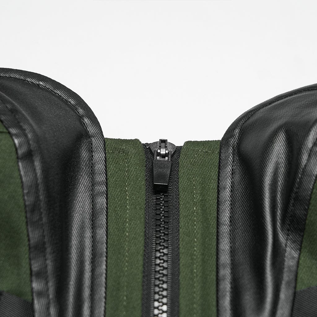 PUNK RAVE Women's Cyberpunk Buckle Lace-up Slip Bustier Black-Green