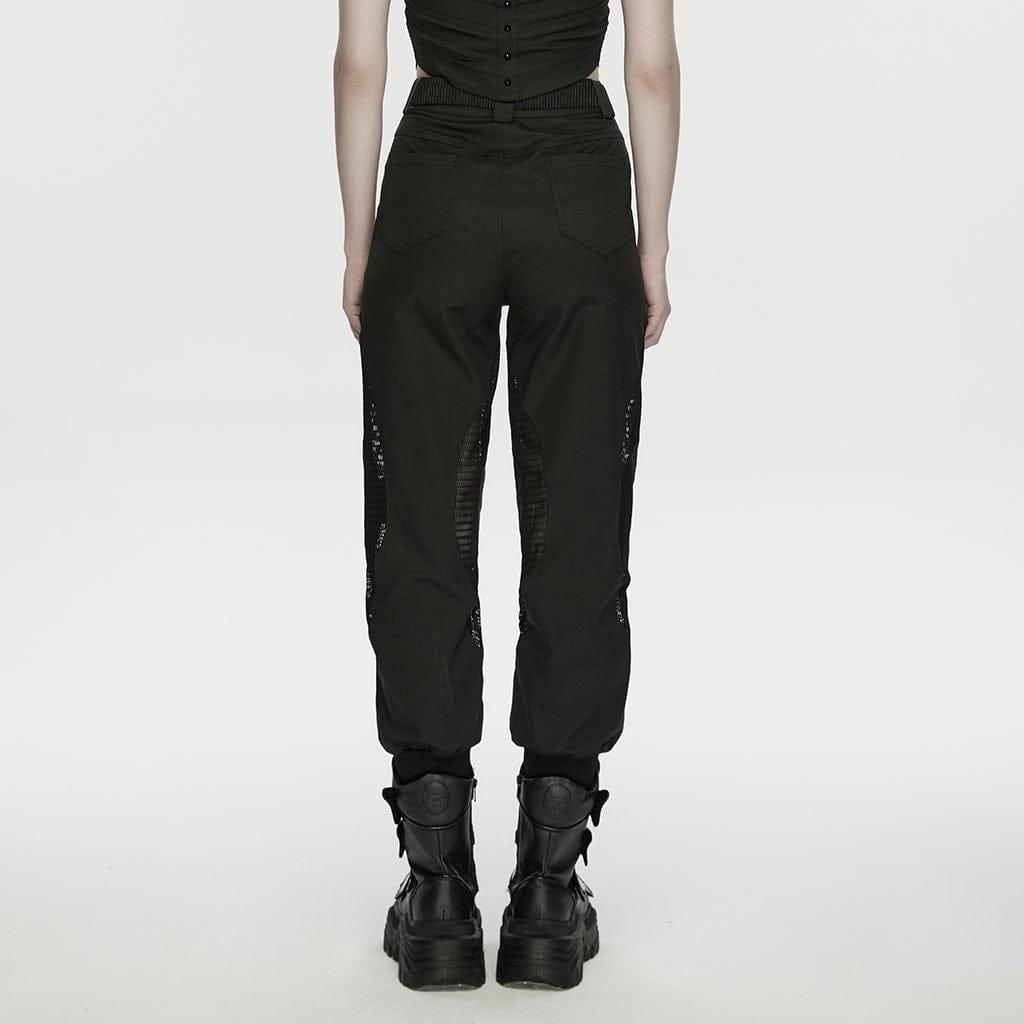 PUNK RAVE Women's Cyberpunk Buckle-up Studded Mesh Cargo Pants
