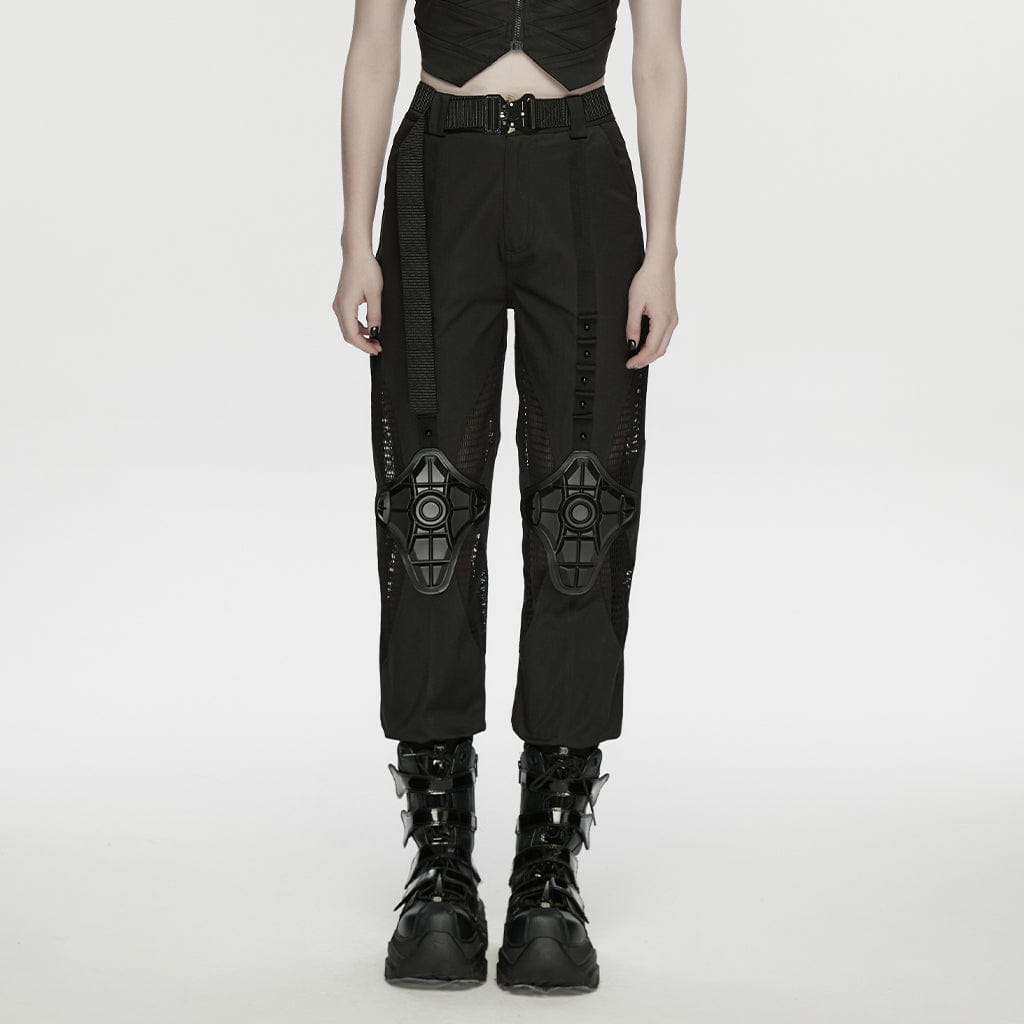PUNK RAVE Women's Cyberpunk Buckle-up Studded Mesh Cargo Pants