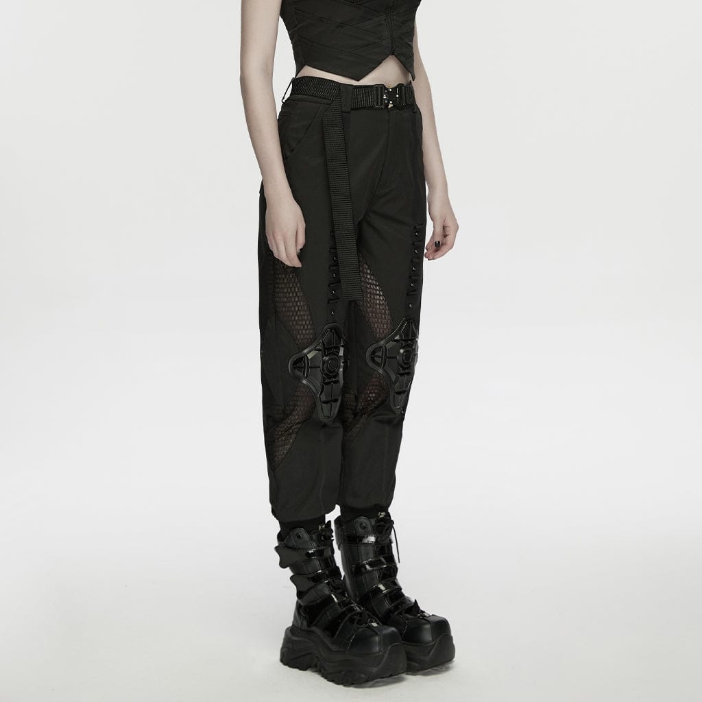 PUNK RAVE Women's Cyberpunk Buckle-up Studded Mesh Cargo Pants