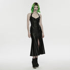 PUNK RAVE Women's Cyberpunk Buckle-up Zip Halterneck Maxi Dress Black