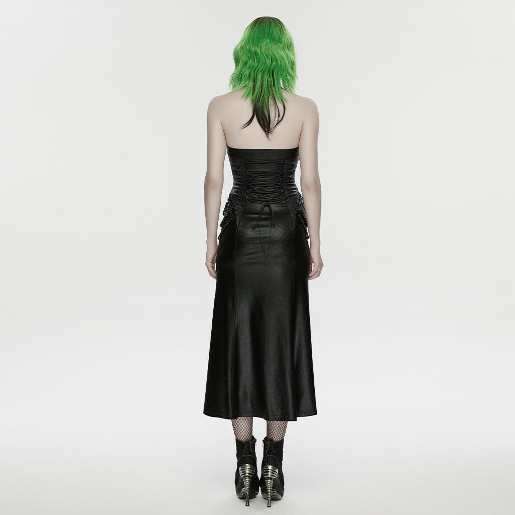 PUNK RAVE Women's Cyberpunk Buckle-up Zip Halterneck Maxi Dress Black