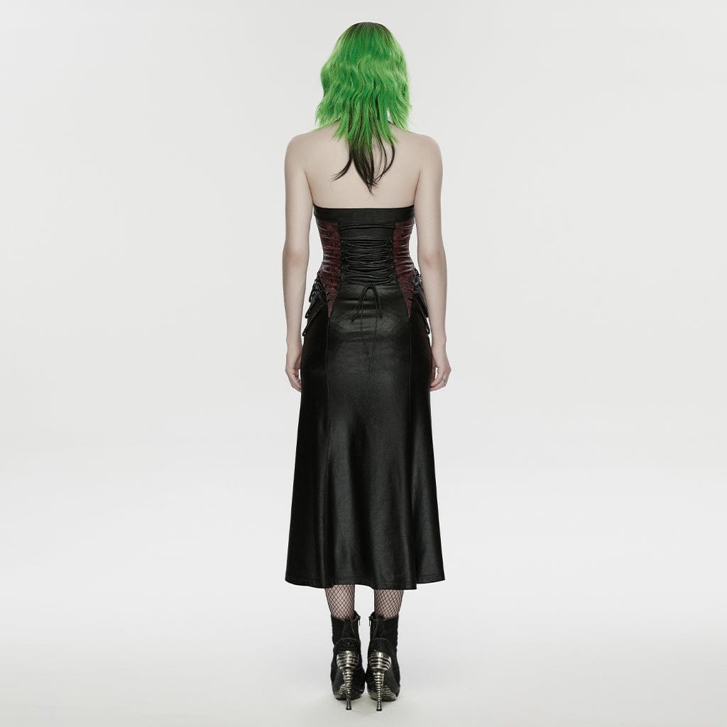 PUNK RAVE Women's Cyberpunk Buckle-up Zip Halterneck Maxi Dress Black-Red