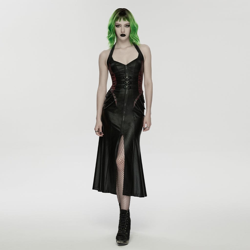 PUNK RAVE Women's Cyberpunk Buckle-up Zip Halterneck Maxi Dress Black-Red