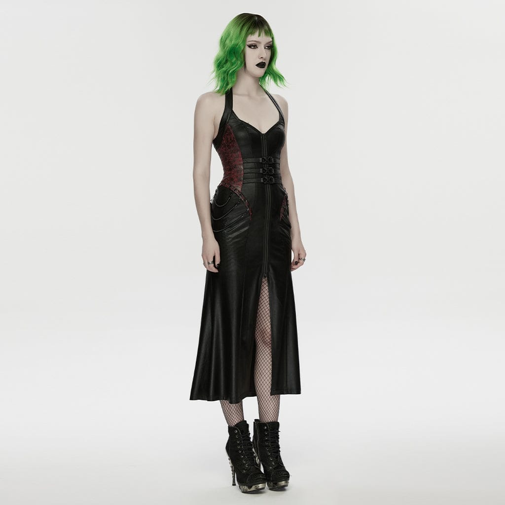 PUNK RAVE Women's Cyberpunk Buckle-up Zip Halterneck Maxi Dress Black-Red