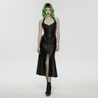 PUNK RAVE Women's Cyberpunk Buckle-up Zip Halterneck Maxi Dress Black-Red