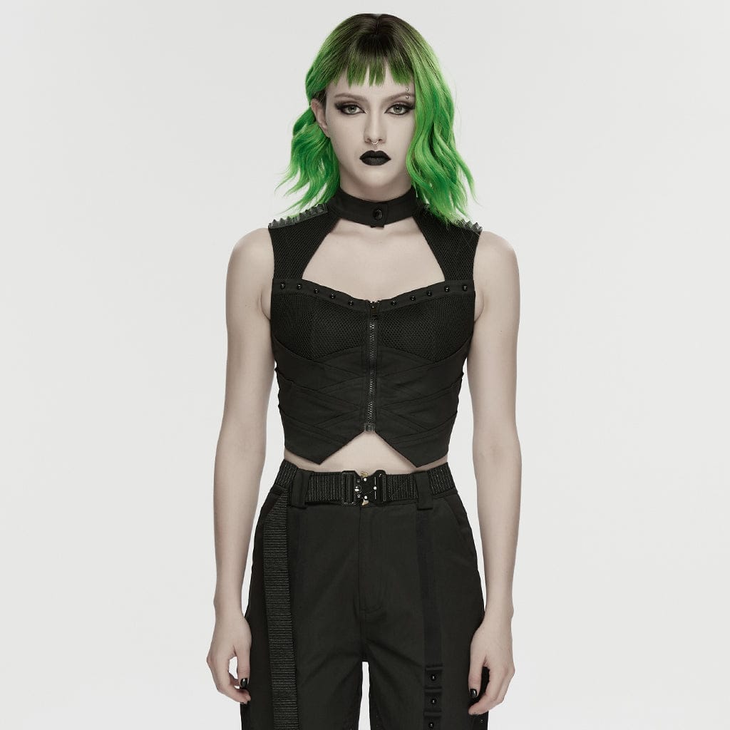 PUNK RAVE Women's Cyberpunk Cutout Studded Mechanical Tank Top Black