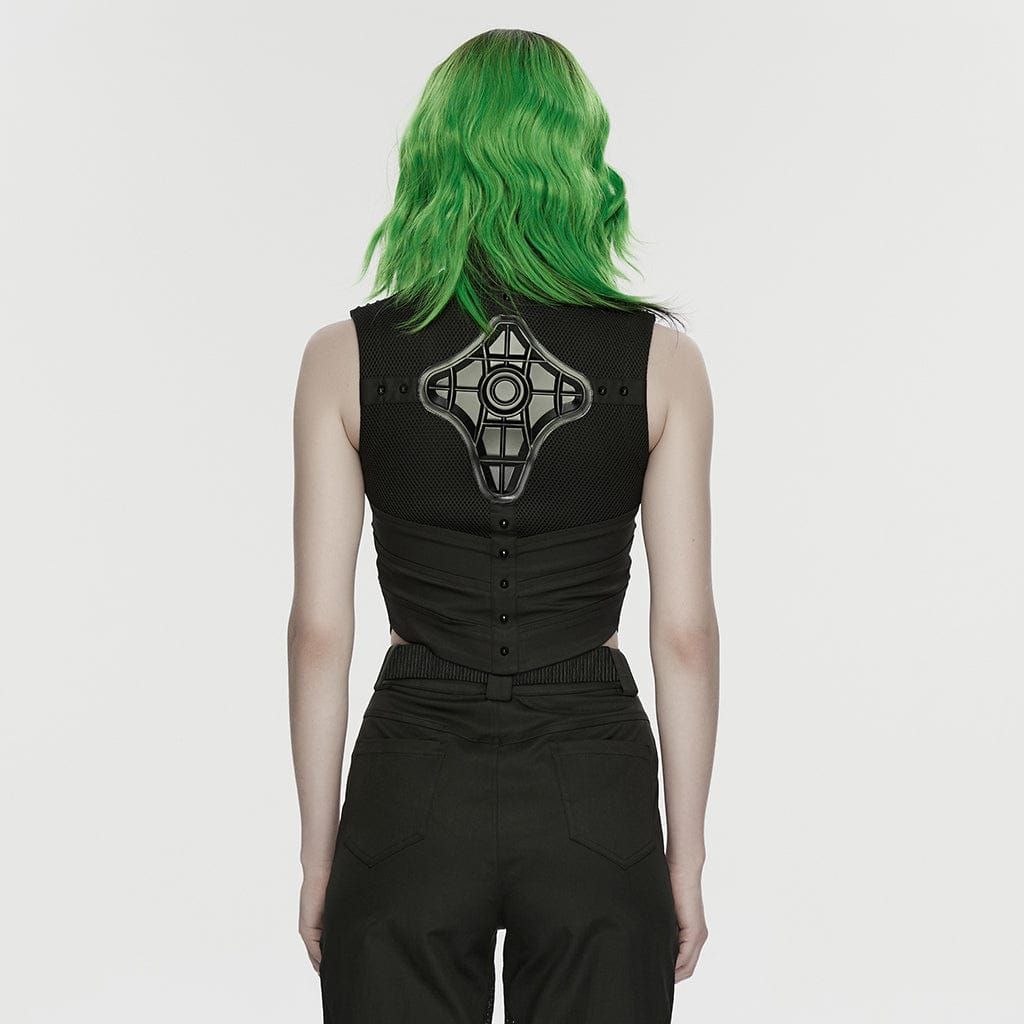 PUNK RAVE Women's Cyberpunk Cutout Studded Mechanical Tank Top Black