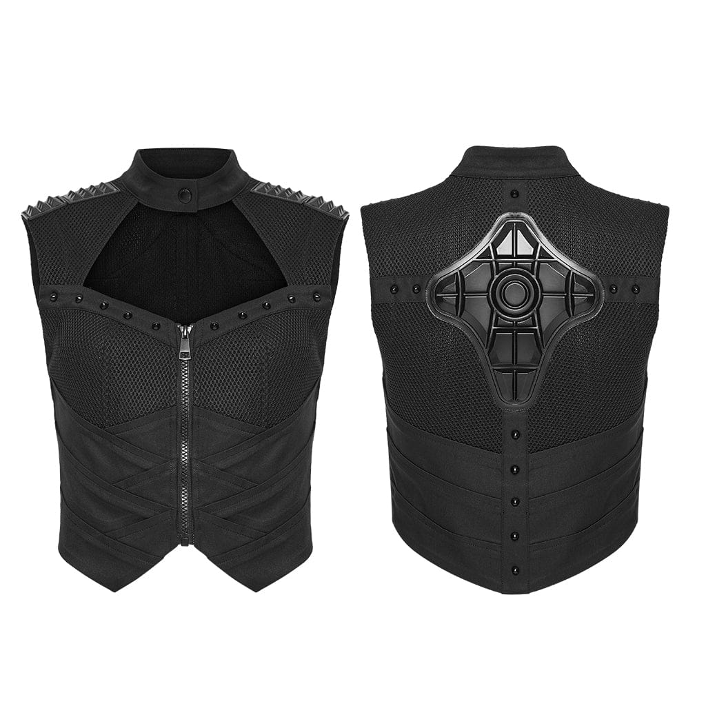 PUNK RAVE Women's Cyberpunk Cutout Studded Mechanical Tank Top Black