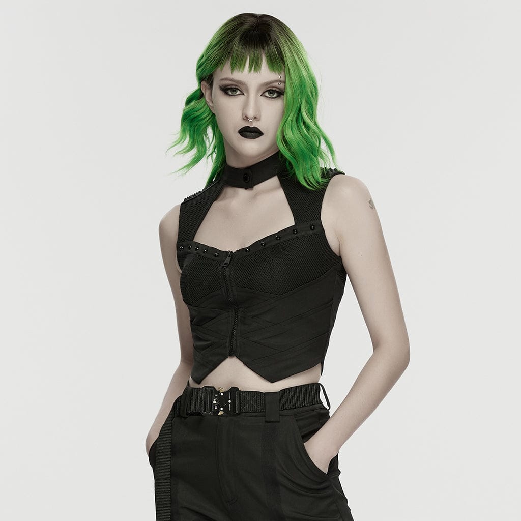 PUNK RAVE Women's Cyberpunk Cutout Studded Mechanical Tank Top Black