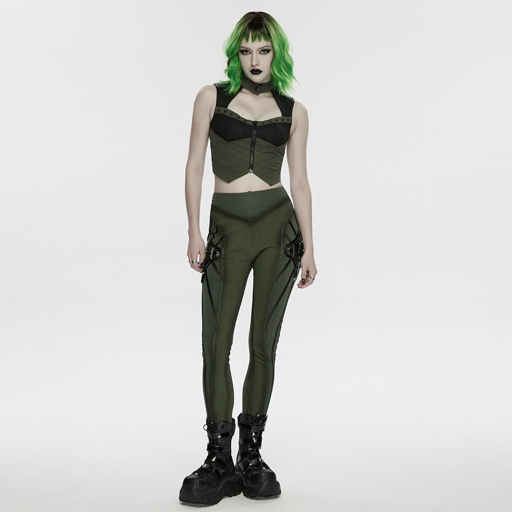 PUNK RAVE Women's Cyberpunk Cutout Studded Mechanical Vest Black-Green
