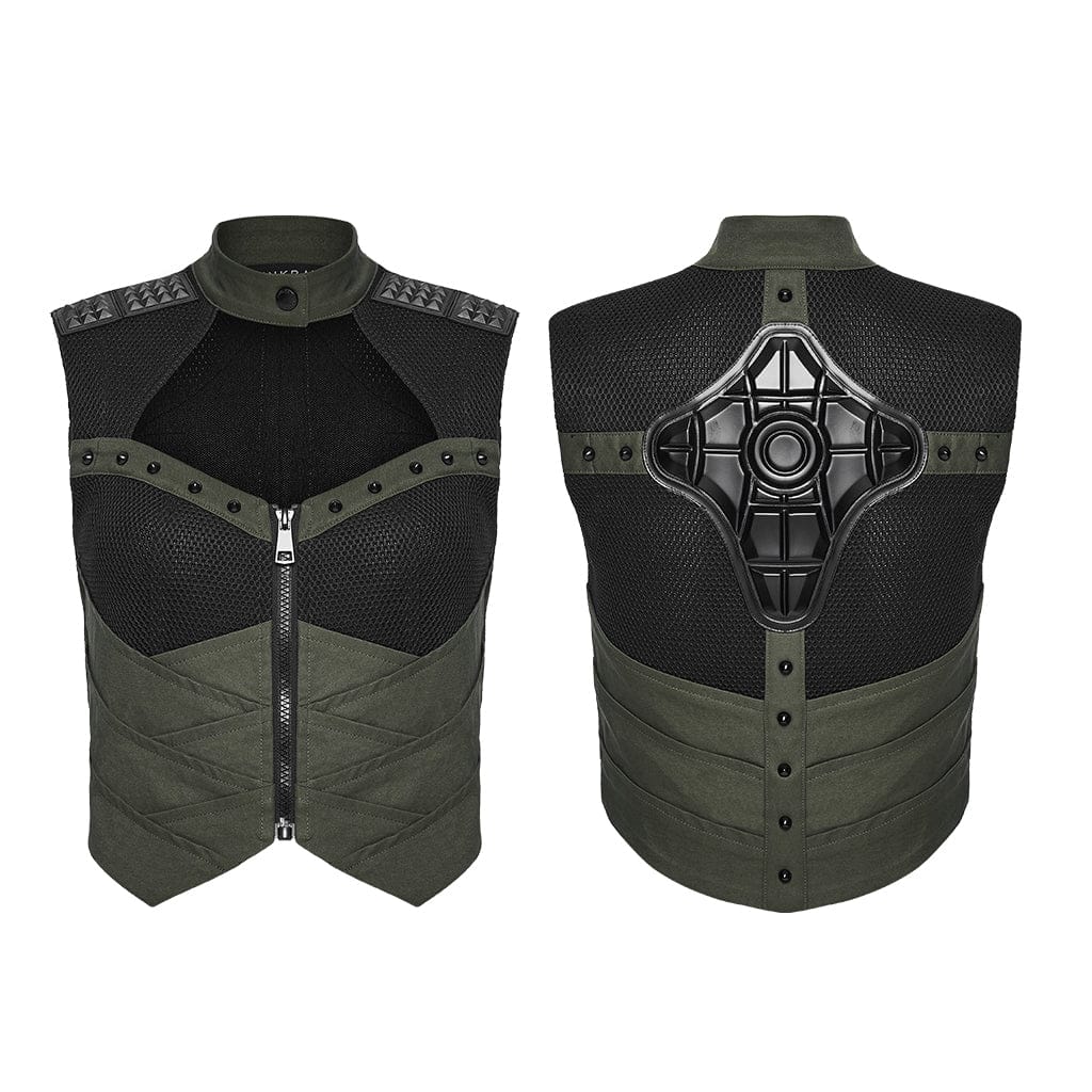 PUNK RAVE Women's Cyberpunk Cutout Studded Mechanical Vest Black-Green