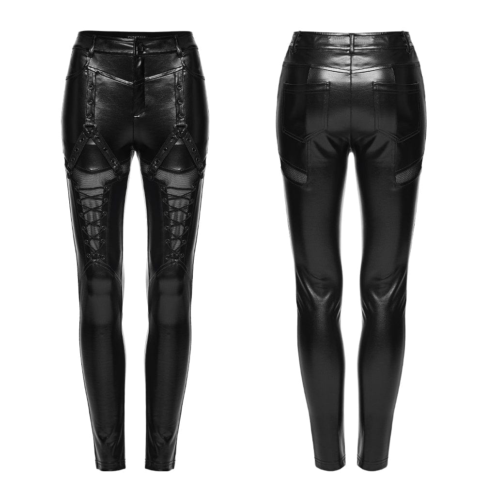 PUNK RAVE Women's Cyberpunk Eyelet Mesh Splice Leggings Black