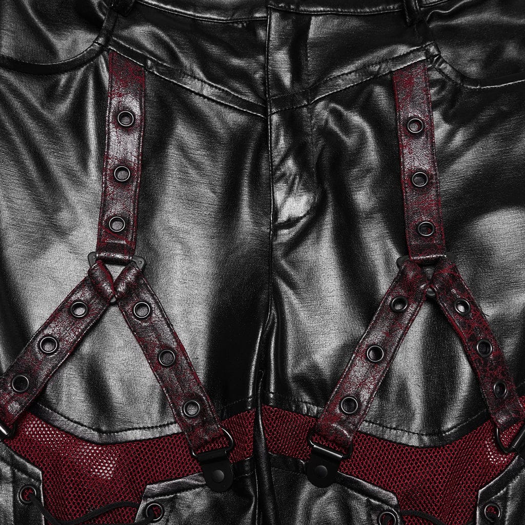 PUNK RAVE Women's Cyberpunk Eyelet Mesh Splice Leggings Black-Red