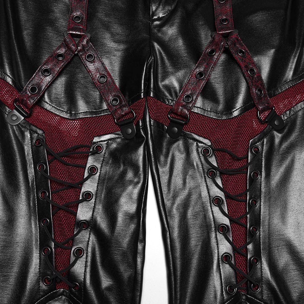 PUNK RAVE Women's Cyberpunk Eyelet Mesh Splice Leggings Black-Red