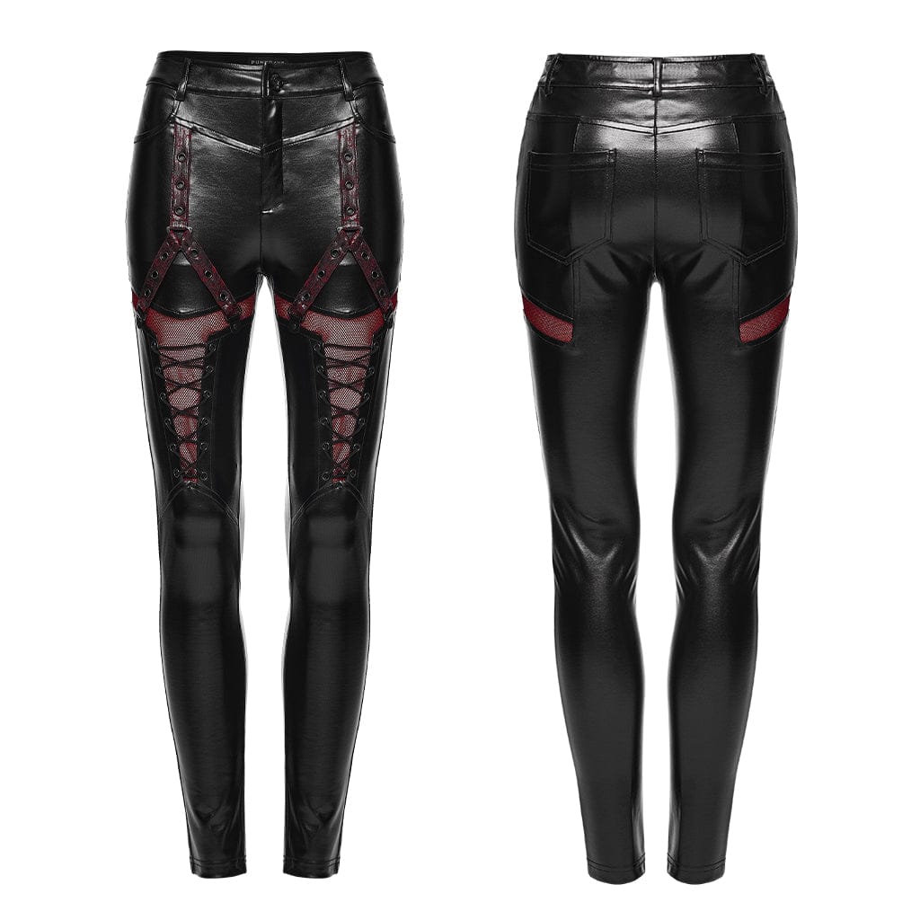 PUNK RAVE Women's Cyberpunk Eyelet Mesh Splice Leggings Black-Red