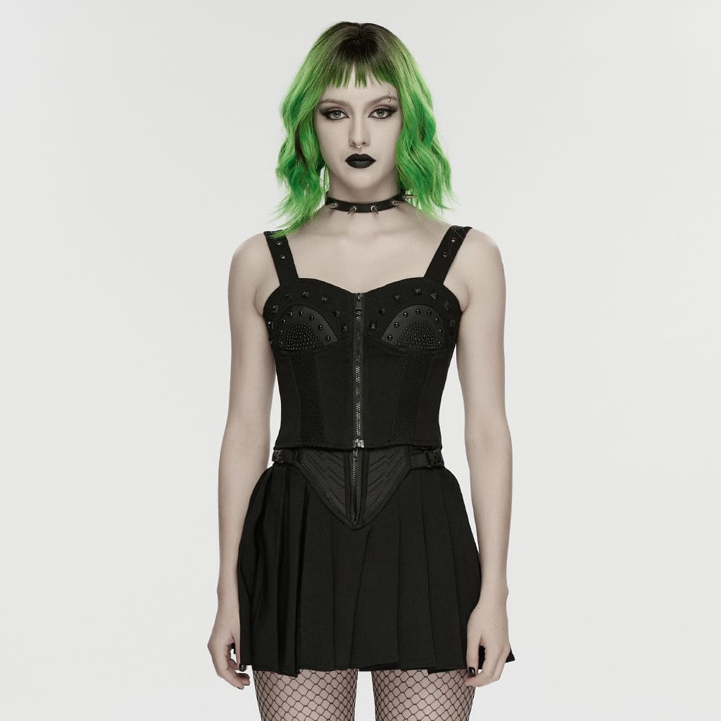 PUNK RAVE Women's Cyberpunk Eyelet Studded Zip Bustier