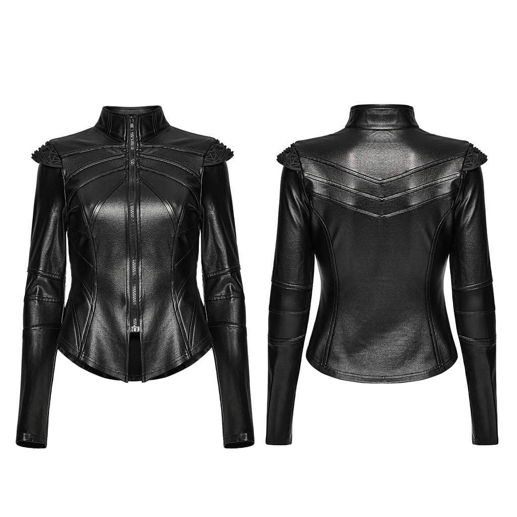 Women's Cyberpunk Geometric Spiked Shoulder Panel Zip Front Jacket