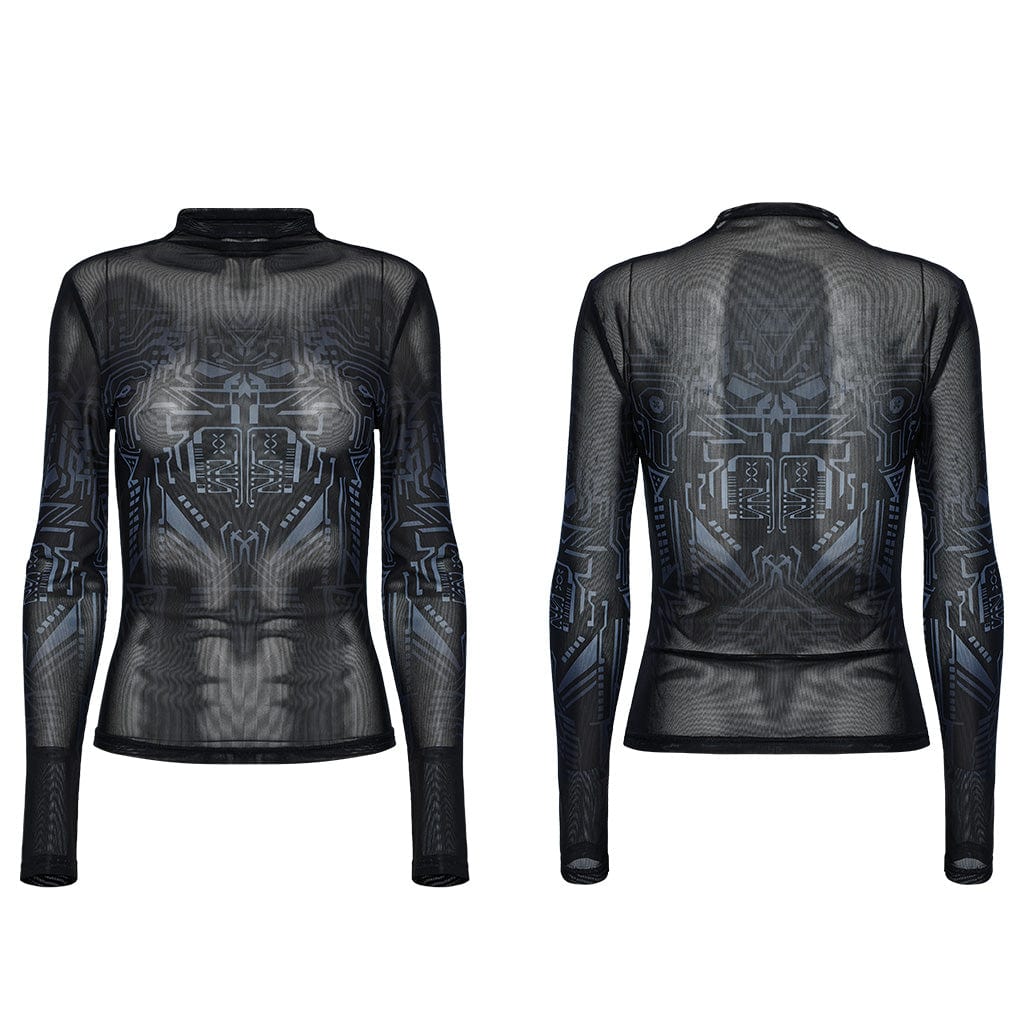 PUNK RAVE Women's Cyberpunk Gradient Printed Mesh Shirt