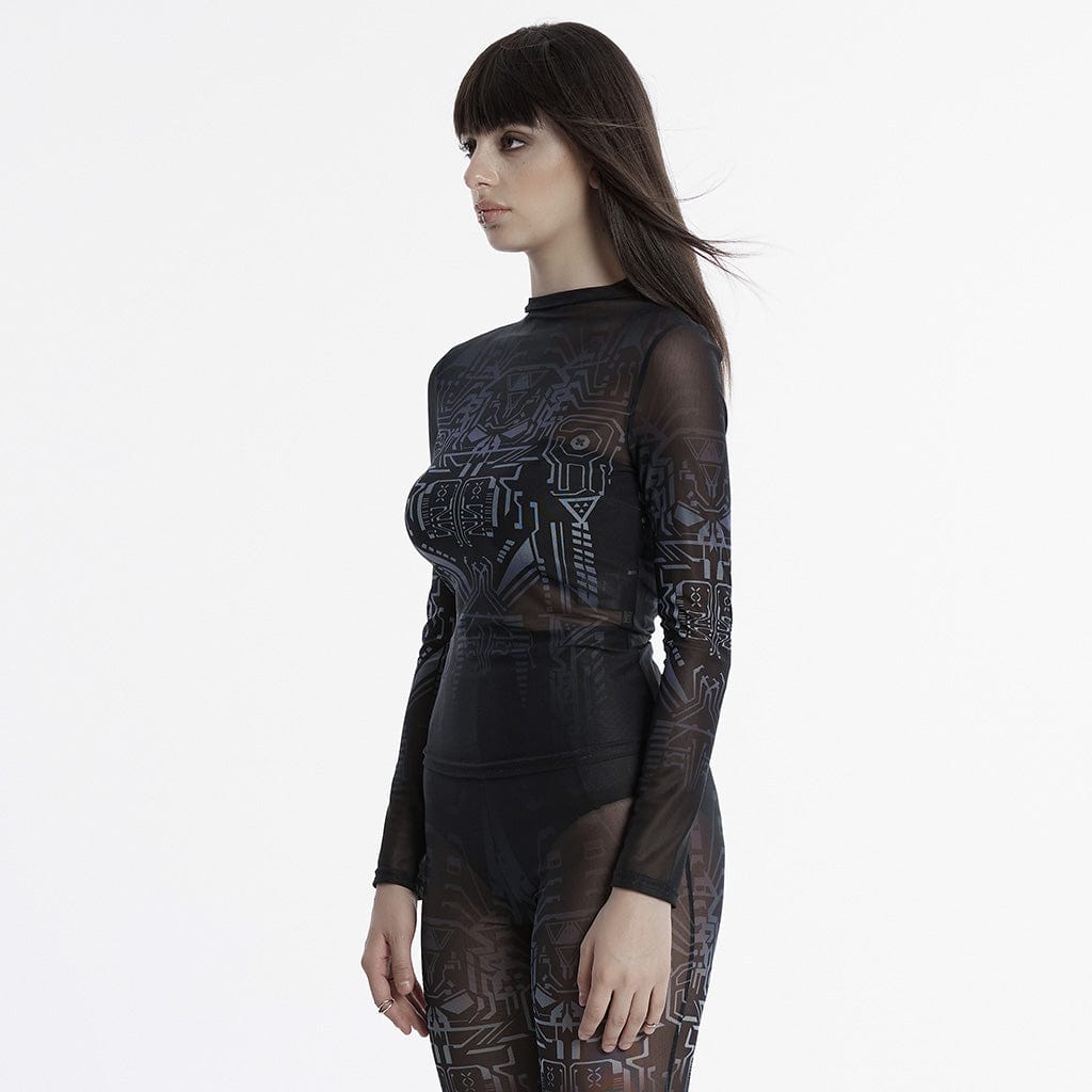 PUNK RAVE Women's Cyberpunk Gradient Printed Mesh Shirt