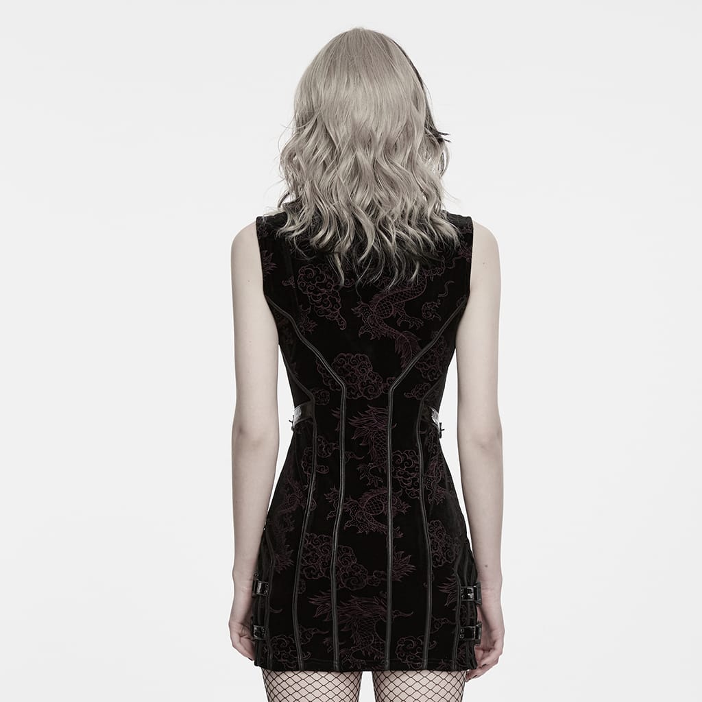 PUNK RAVE Women's Cyberpunk Jacquard Buckle Strap Sleeveless Dress