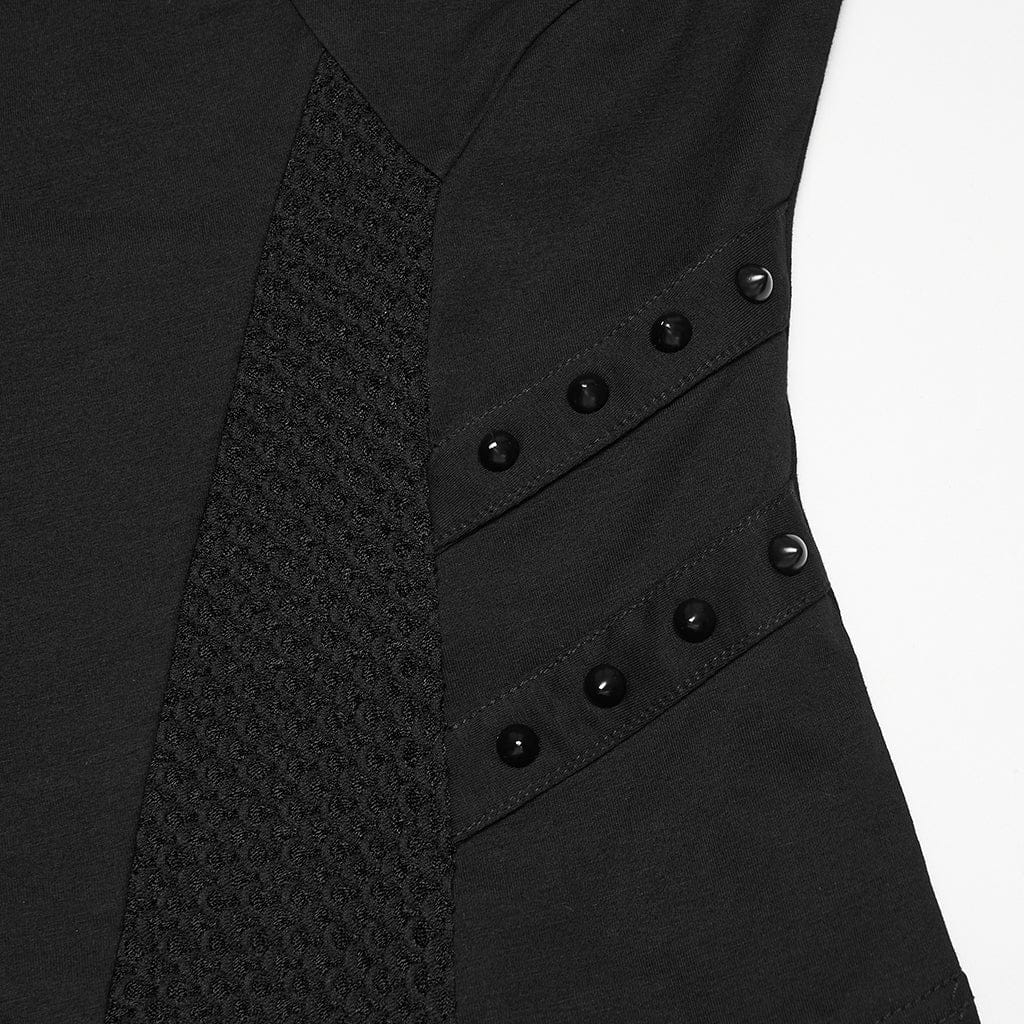 PUNK RAVE Women's Cyberpunk Mesh Rivets Short Sleeved T-shirt Black