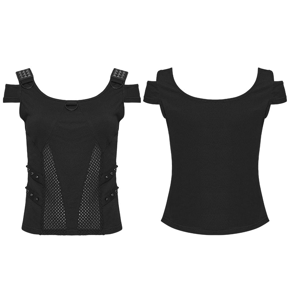 PUNK RAVE Women's Cyberpunk Mesh Rivets Short Sleeved T-shirt Black