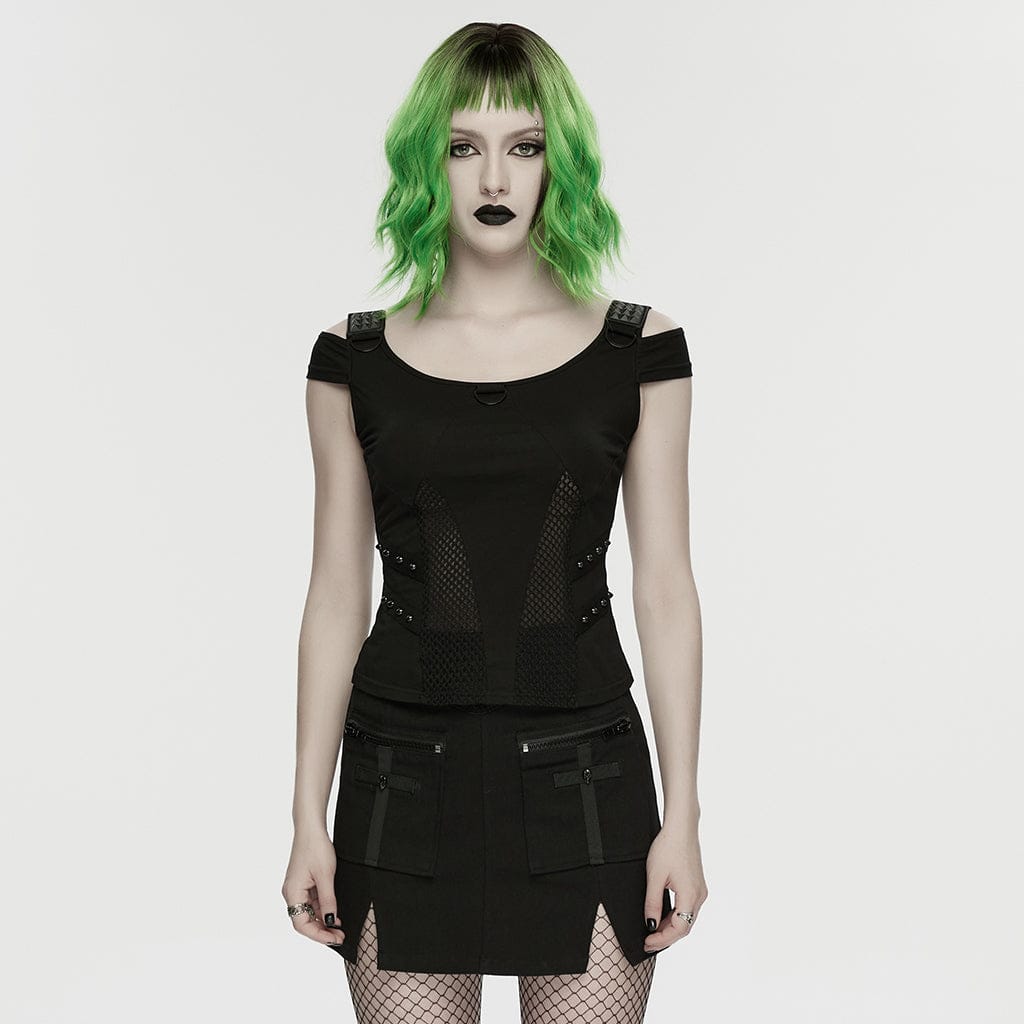 PUNK RAVE Women's Cyberpunk Mesh Rivets Short Sleeved T-shirt Black