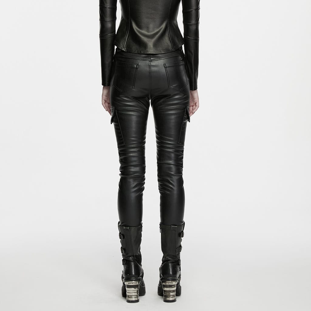 PUNK RAVE Women's Cyberpunk Multi Pocket Ruched Knee Faux Leather Skinny Pants