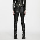 PUNK RAVE Women's Cyberpunk Multi Pocket Ruched Knee Faux Leather Skinny Pants