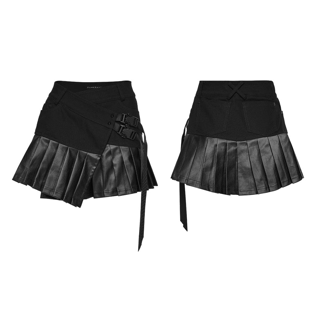PUNK RAVE Women's Cyberpunk One-piece Asymmetric Pleated Skirt Black