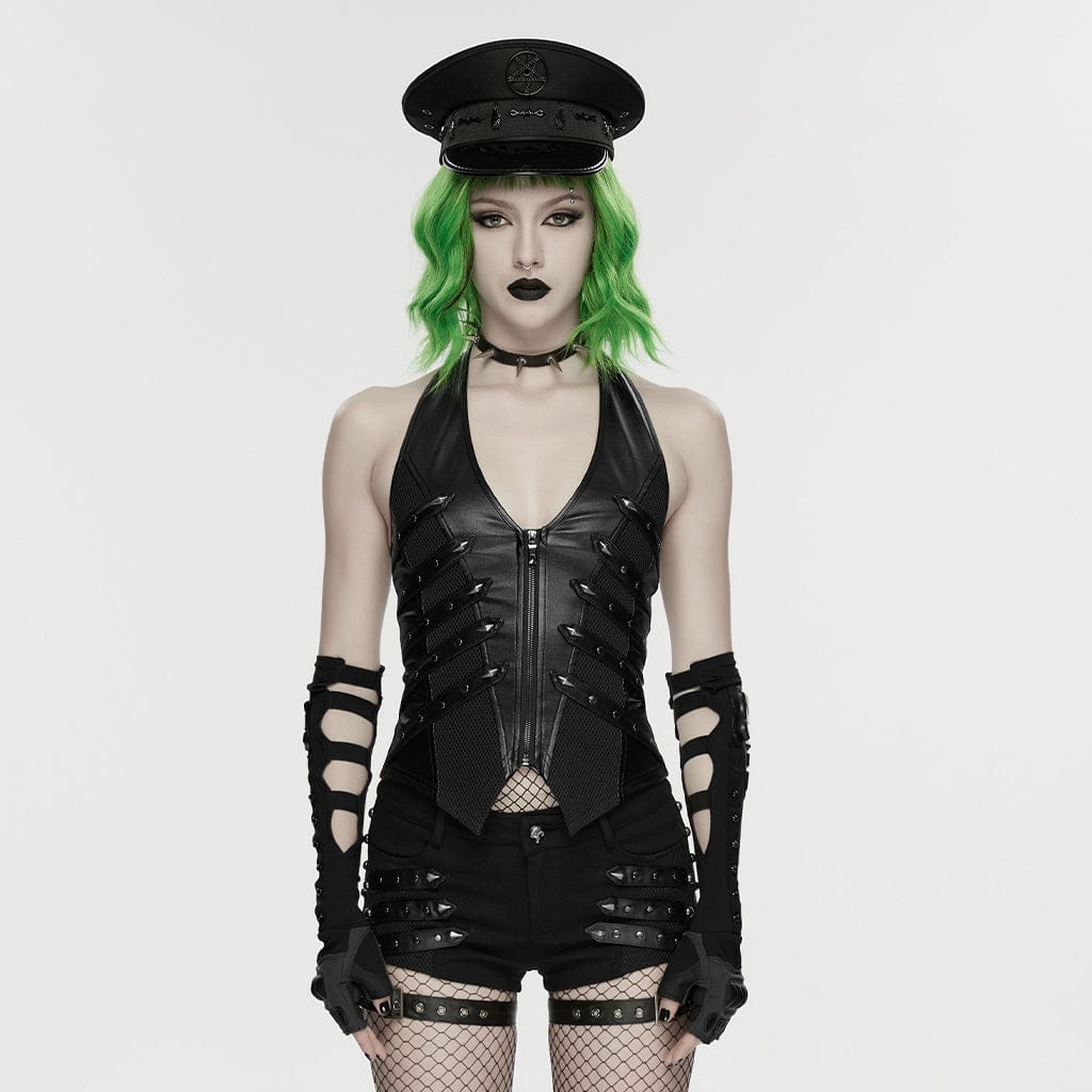 PUNK RAVE Women's Cyberpunk Rivets Fingerless Long Gloves Black