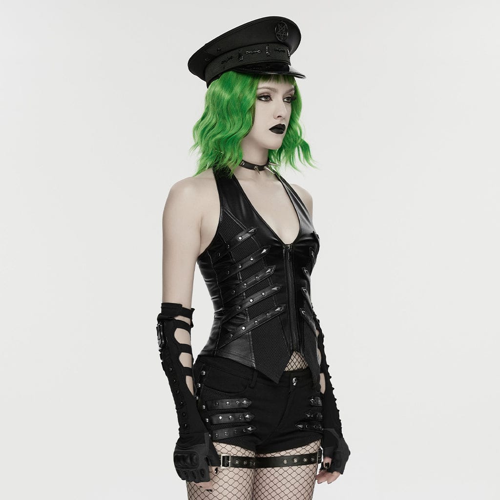 PUNK RAVE Women's Cyberpunk Rivets Fingerless Long Gloves Black