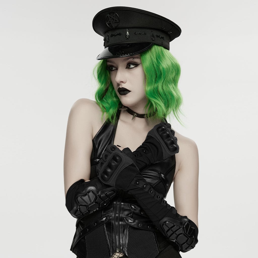 PUNK RAVE Women's Cyberpunk Rivets Fingerless Long Gloves Black