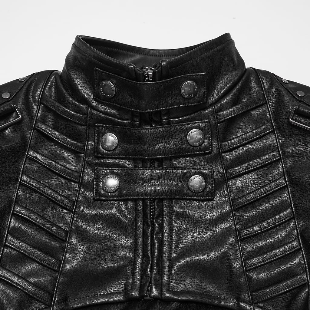 PUNK RAVE Women's Cyberpunk Stand Collar Buckle Strap Cropped Jacket