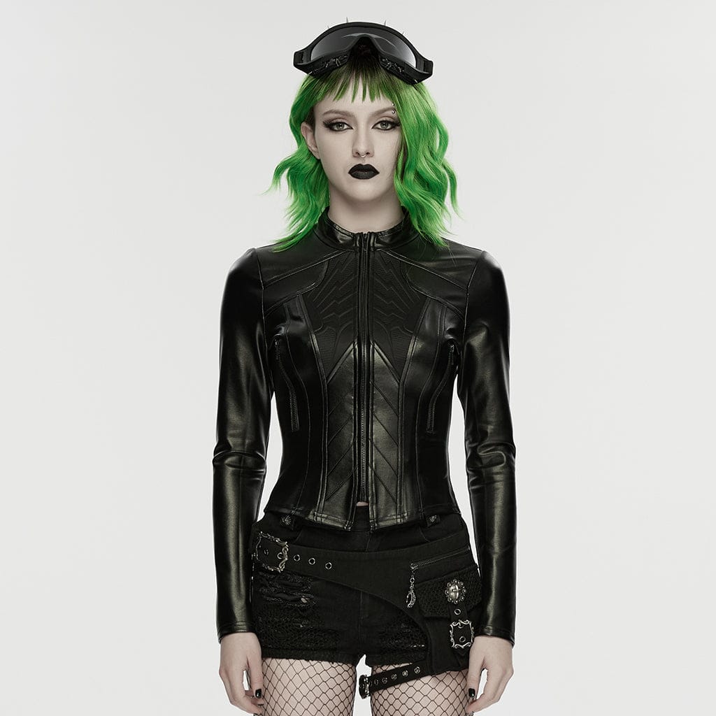 PUNK RAVE Women's Cyberpunk Stand Collar Embossed Slim Fit Jacket