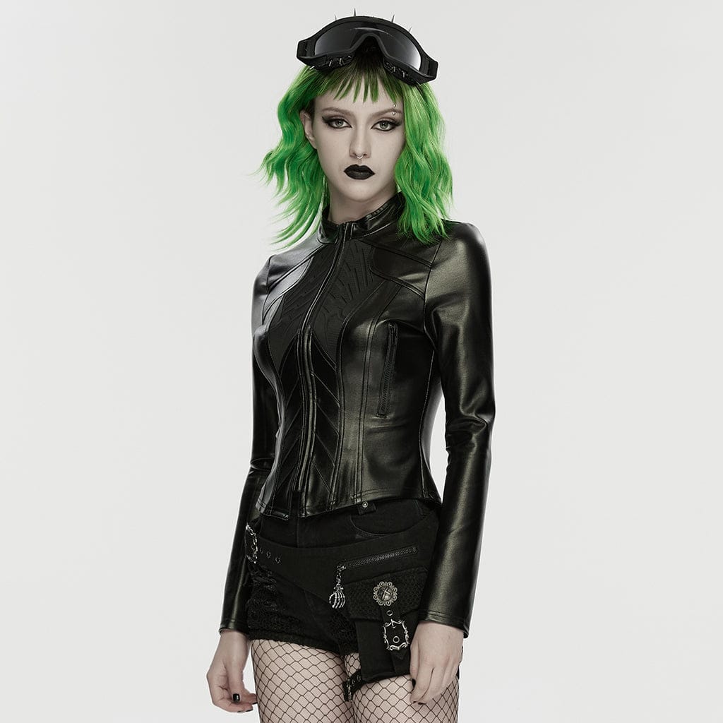 PUNK RAVE Women's Cyberpunk Stand Collar Embossed Slim Fit Jacket