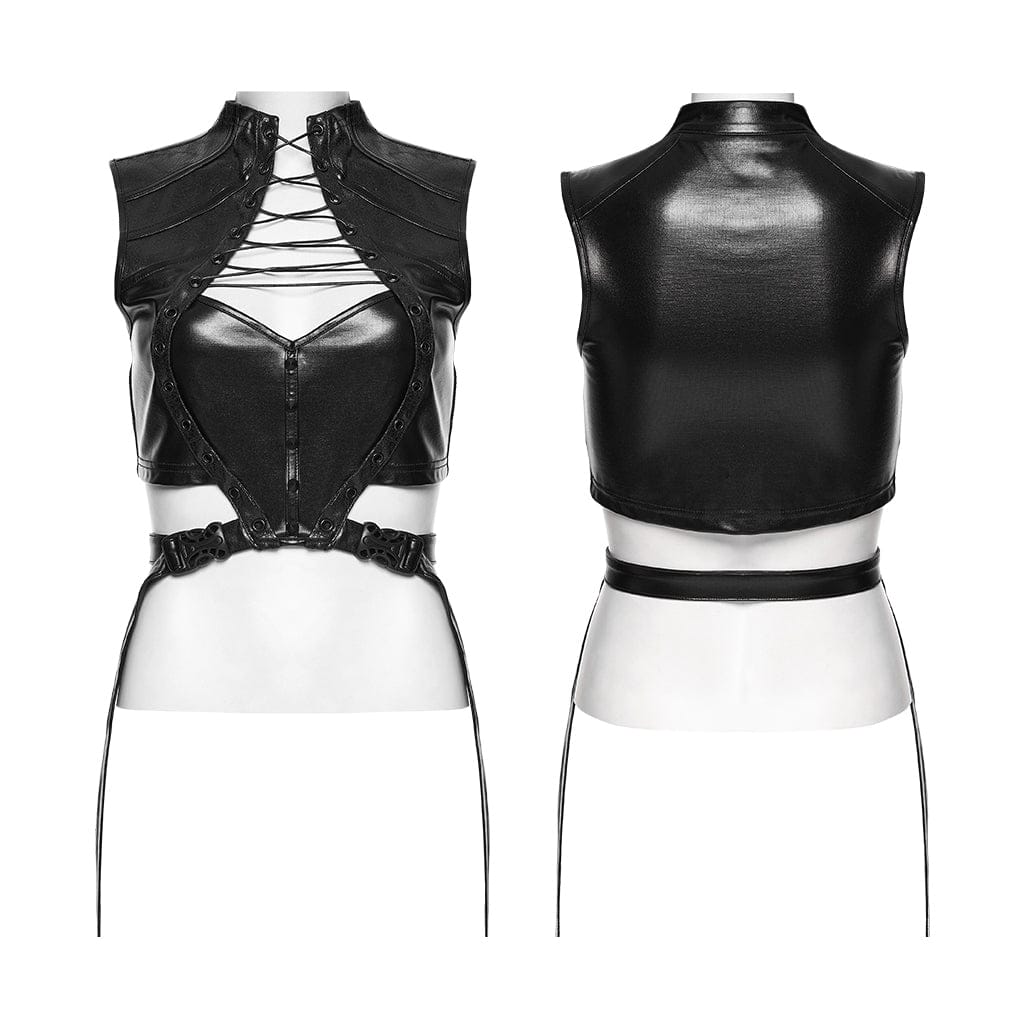 PUNK RAVE Women's Cyberpunk Studded Cutout Strappy Crop Top Black