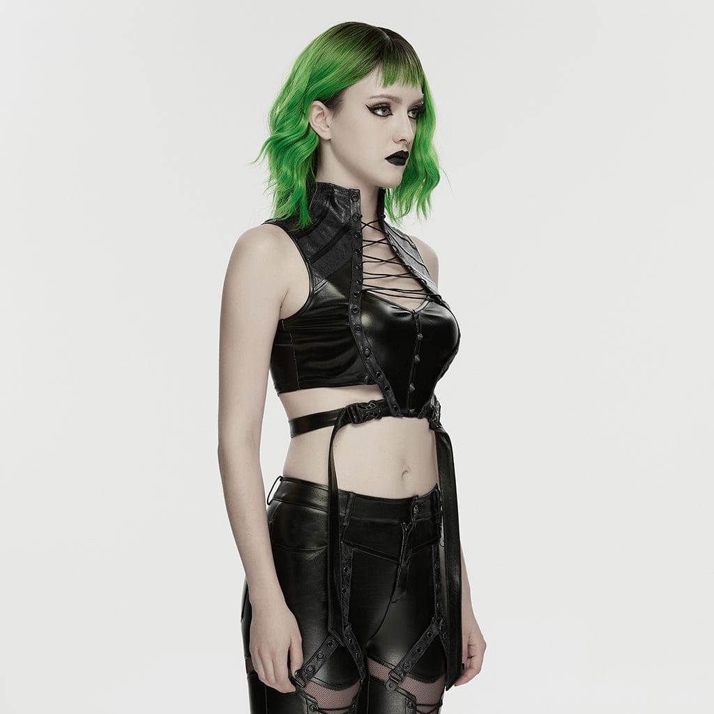 PUNK RAVE Women's Cyberpunk Studded Cutout Strappy Crop Top Black