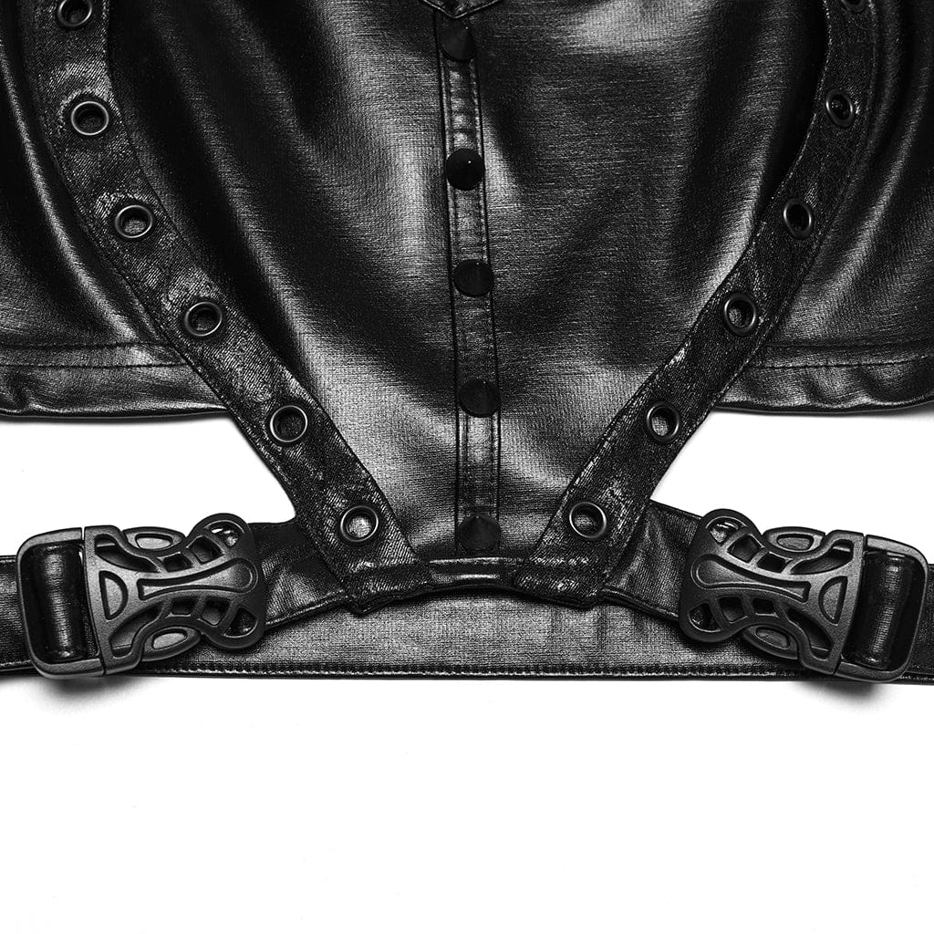 PUNK RAVE Women's Cyberpunk Studded Cutout Strappy Crop Top Black