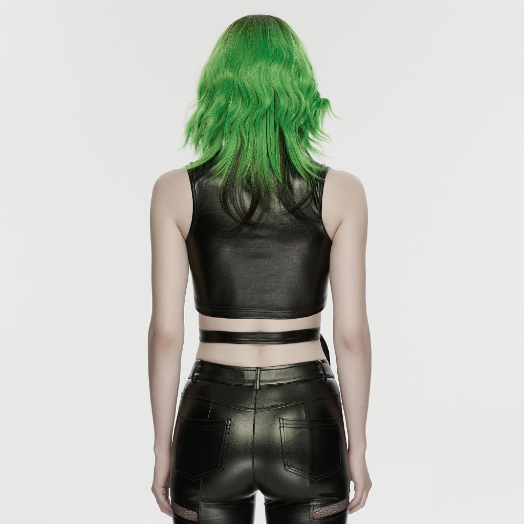 PUNK RAVE Women's Cyberpunk Studded Cutout Strappy Crop Top Black