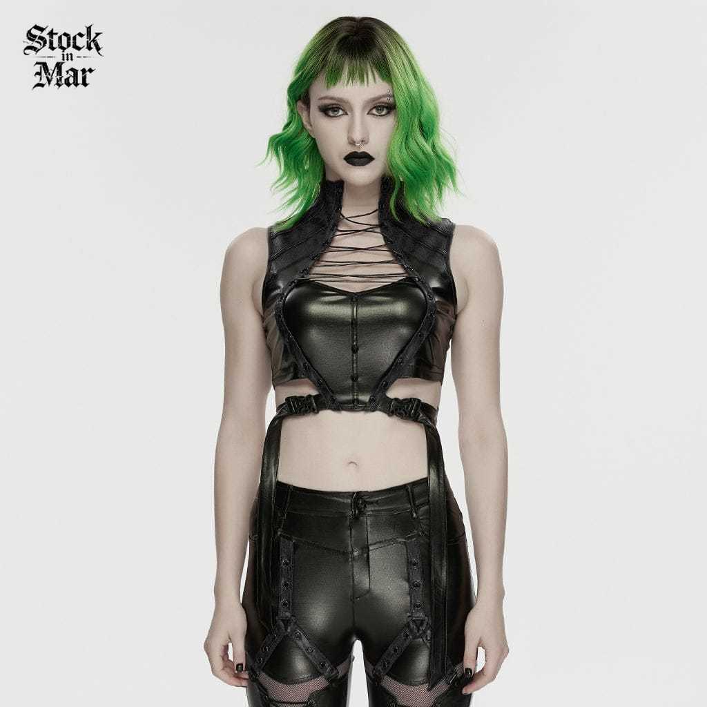 PUNK RAVE Women's Cyberpunk Studded Cutout Strappy Crop Top Black