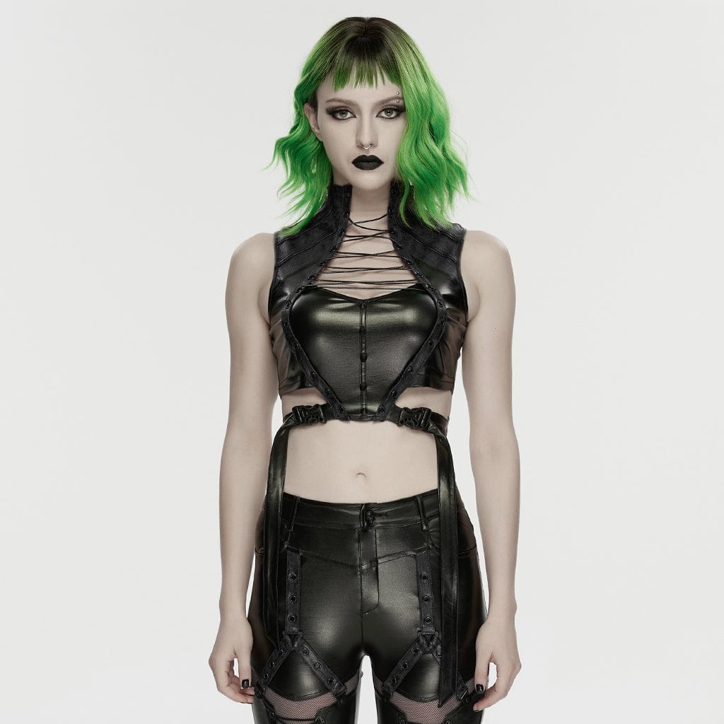 Débardeur court à bretelles PUNK RAVE Cyberpunk pour femme, noir, orné de clous et de découpes.