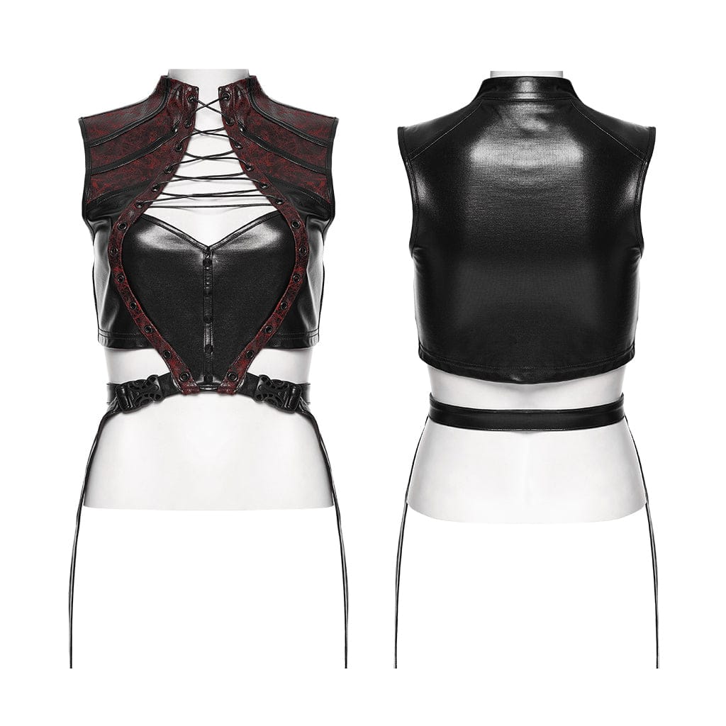 PUNK RAVE Women's Cyberpunk Studded Cutout Strappy Crop Top Black-Red
