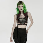 PUNK RAVE Women's Cyberpunk Studded Cutout Strappy Crop Top Black-Red