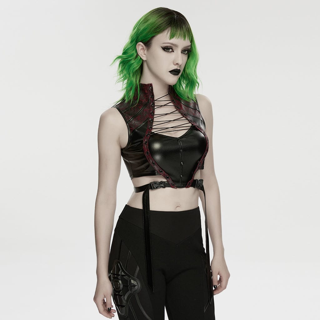 PUNK RAVE Women's Cyberpunk Studded Cutout Strappy Crop Top Black-Red