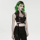 PUNK RAVE Women's Cyberpunk Studded Cutout Strappy Crop Top Black-Red