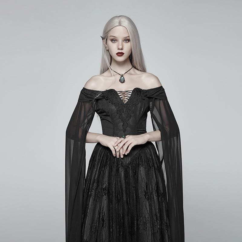 PUNK RAVE Women's Dresses Women's Goth Off Shoulder Multilayered Lace Witch Gown Wedding Dress