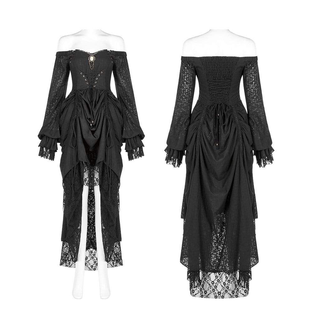 PUNK RAVE Women's Goth Cold Shoulder Puff Sleeved Little Dresses With Mesh Ruffles
