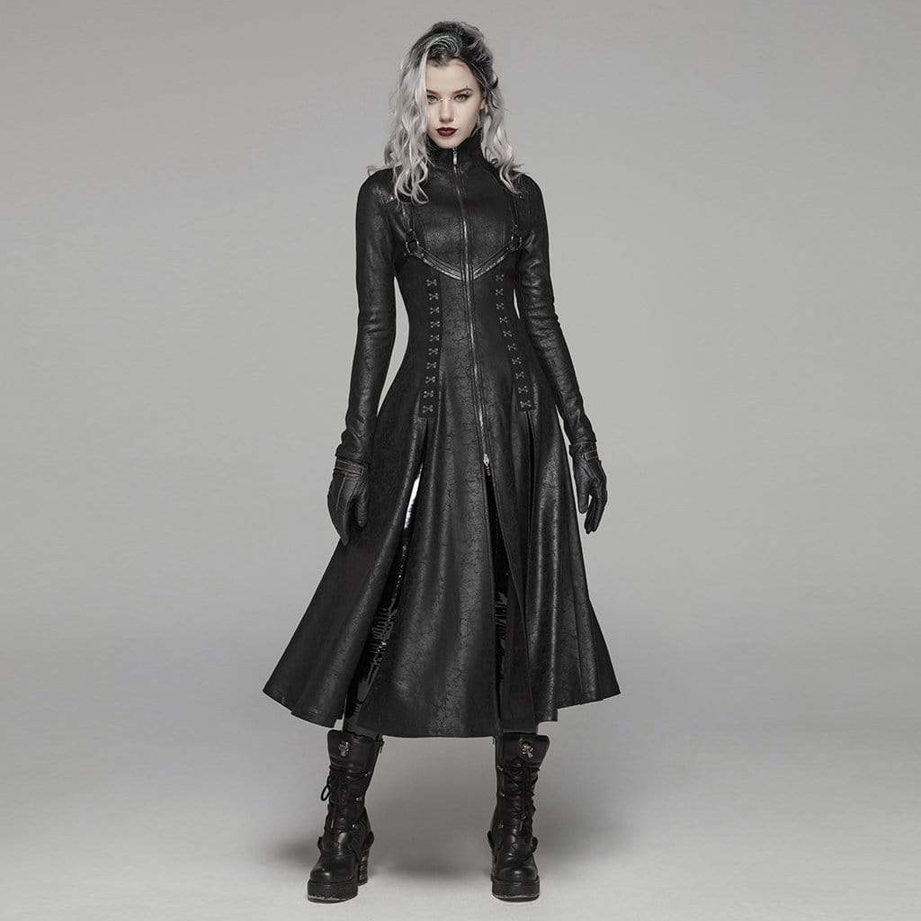 PUNK RAVE Women's Goth Front Zipper Stand Collar Maxi Overcoat